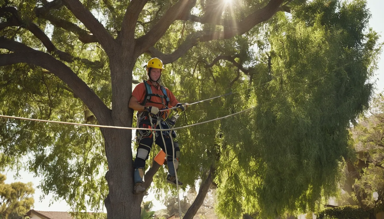 A tree removal provider cutting a large tree in a Sacramento backyard