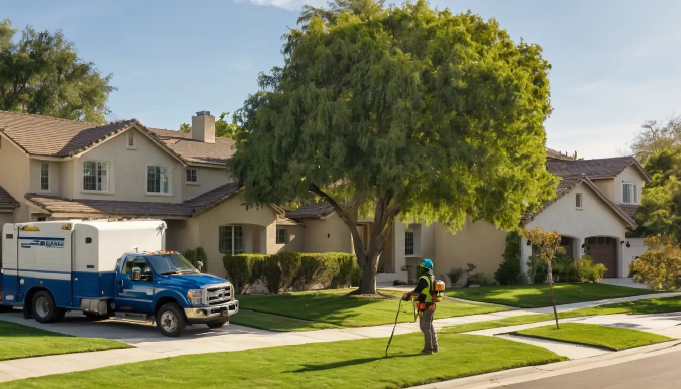 Local tree removal provider crew taking down a tall tree beside a stucco ranch home in Sacramento